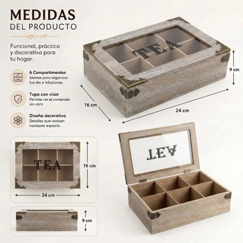 CAJA DE TE 6 DIVISIONES TAPA CON DISEÑO DECORATIVA DECOHOGAR - 6