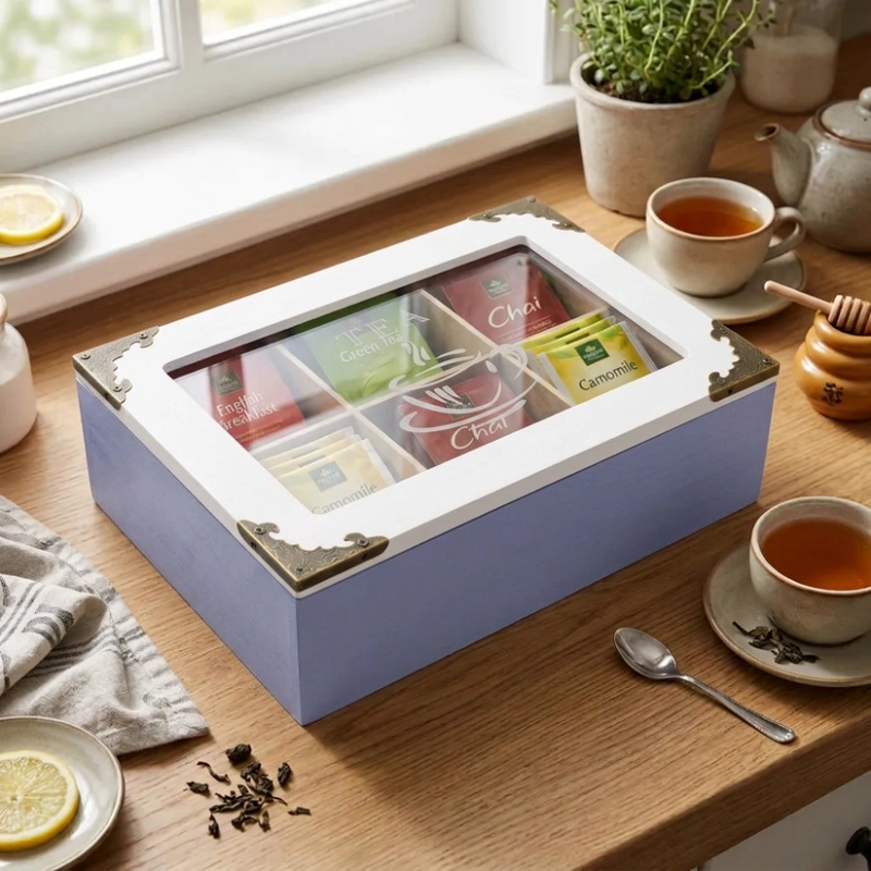 CAJA DE TE PORTA TE CAJA DE MADERA PARA TE GRIS 6 DIVISIONES - 4