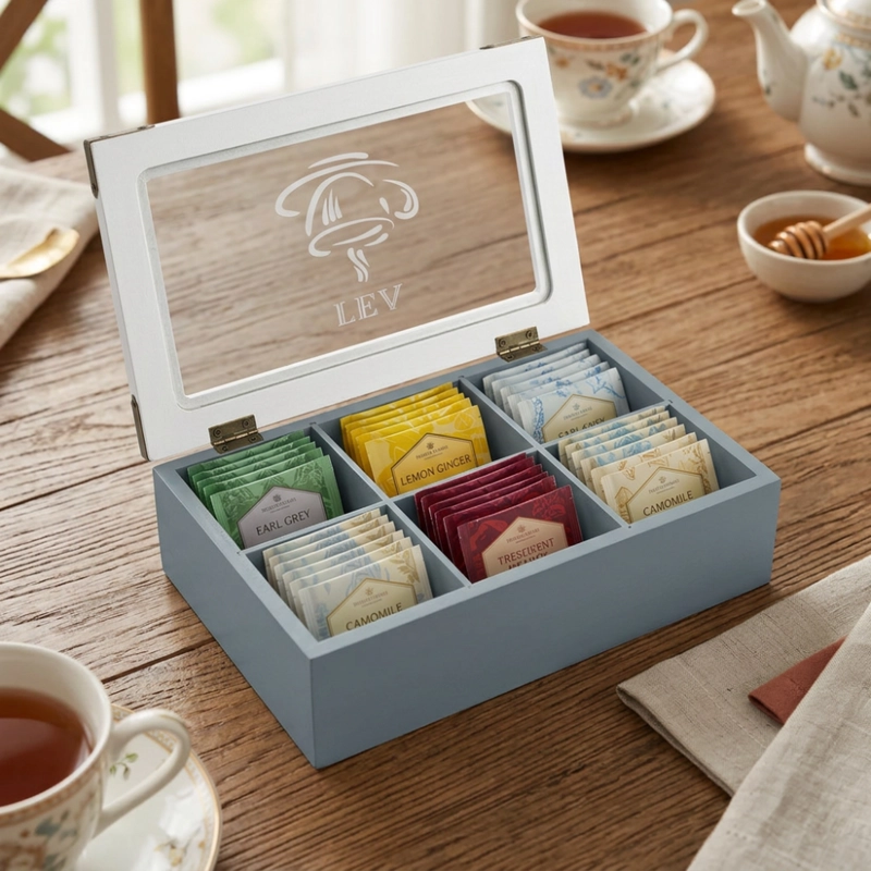 CAJA DE TE PORTA TE CAJA DE MADERA PARA TE GRIS 6 DIVISIONES - 5