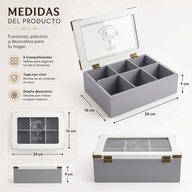 CAJA DE TE PORTA TE CAJA DE MADERA PARA TE GRIS 6 DIVISIONES - 6