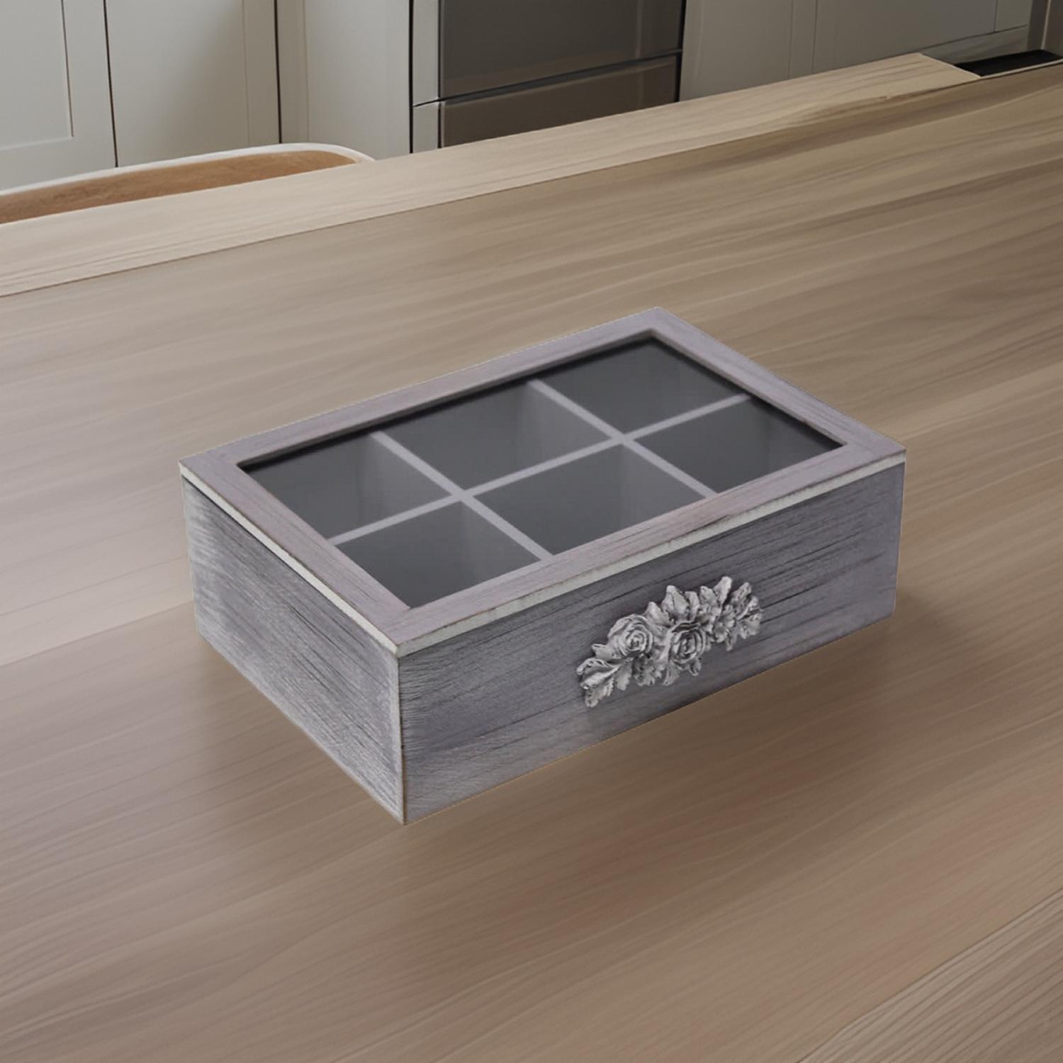 CAJA DE TE PORTA TE CAJA DE MADERA PARA TE GRIS 6 DIVISIONES - 6