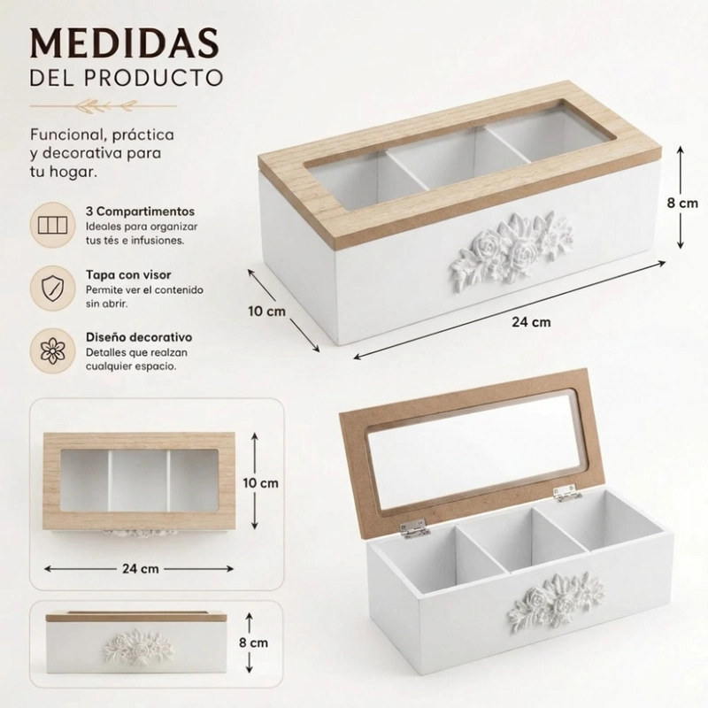 CAJA DE TE 3 DIVISIONES TAPA CON DISEÑO DECORATIVA DECOHOGAR - 9