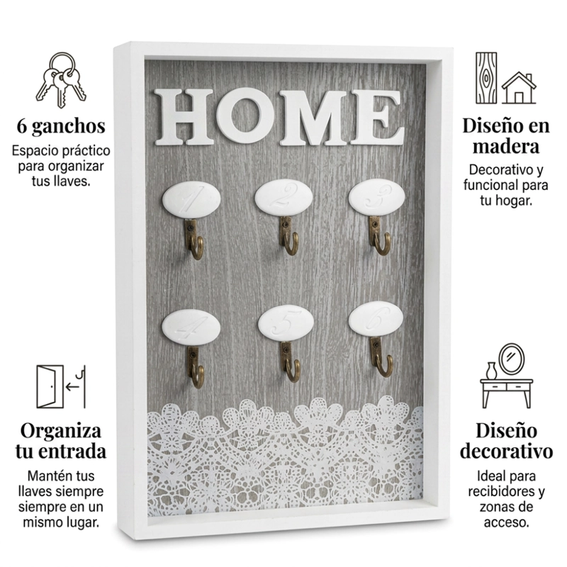 PORTA LLAVE DE MADERA CUADRO COLGADOR DECORATIVO PARA LLAVES - 4