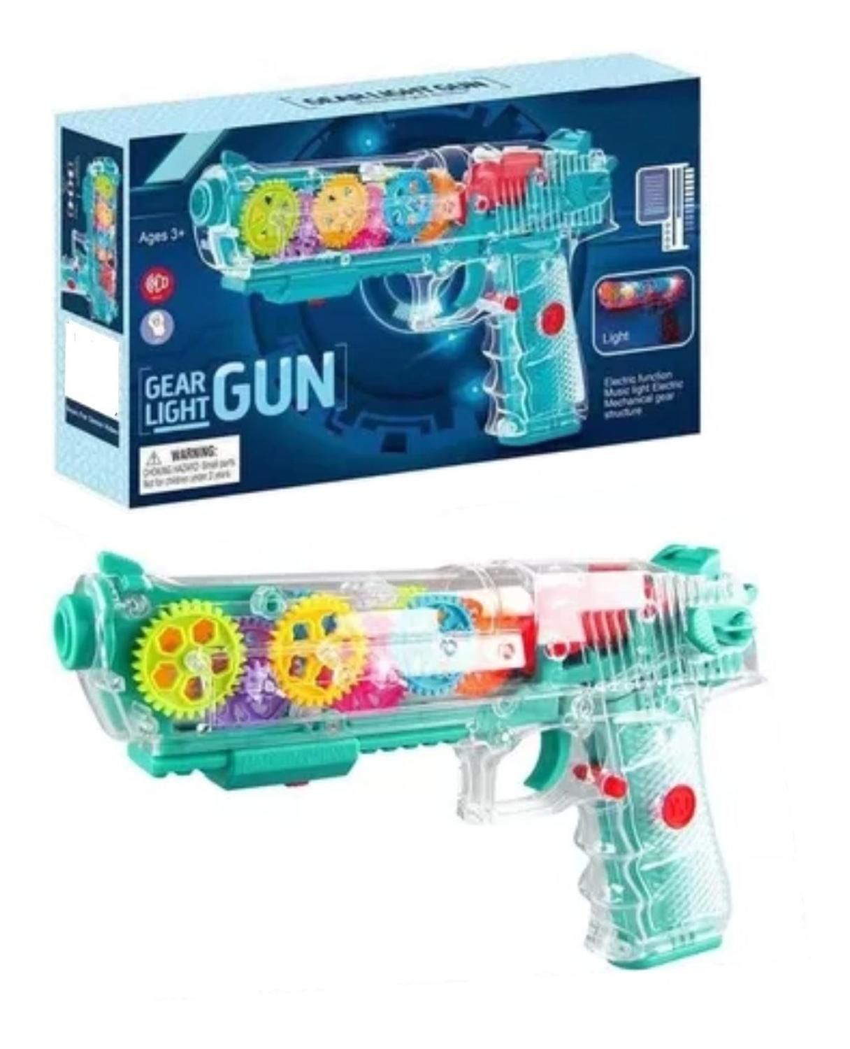 PISTOLA JUGUETE CON ENGRANAJE LUZ Y SONIDO TRANSPARENTE - 1