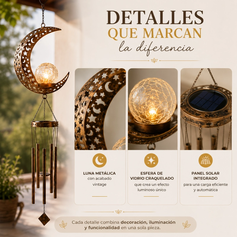 CAMPANA DE VIENTO SOLAR LUNA LED DECORACION JARDIN COLGANTE - 5
