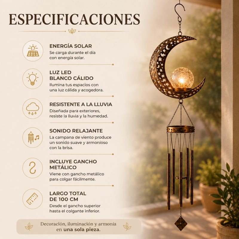 CAMPANA DE VIENTO SOLAR LUNA LED DECORACION JARDIN COLGANTE - 9