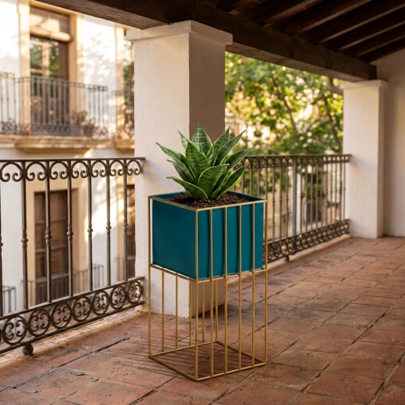 PORTA MACETERO PEDESTAL MACETA PLANTAS VERDE DORADO MEDIANO - 3