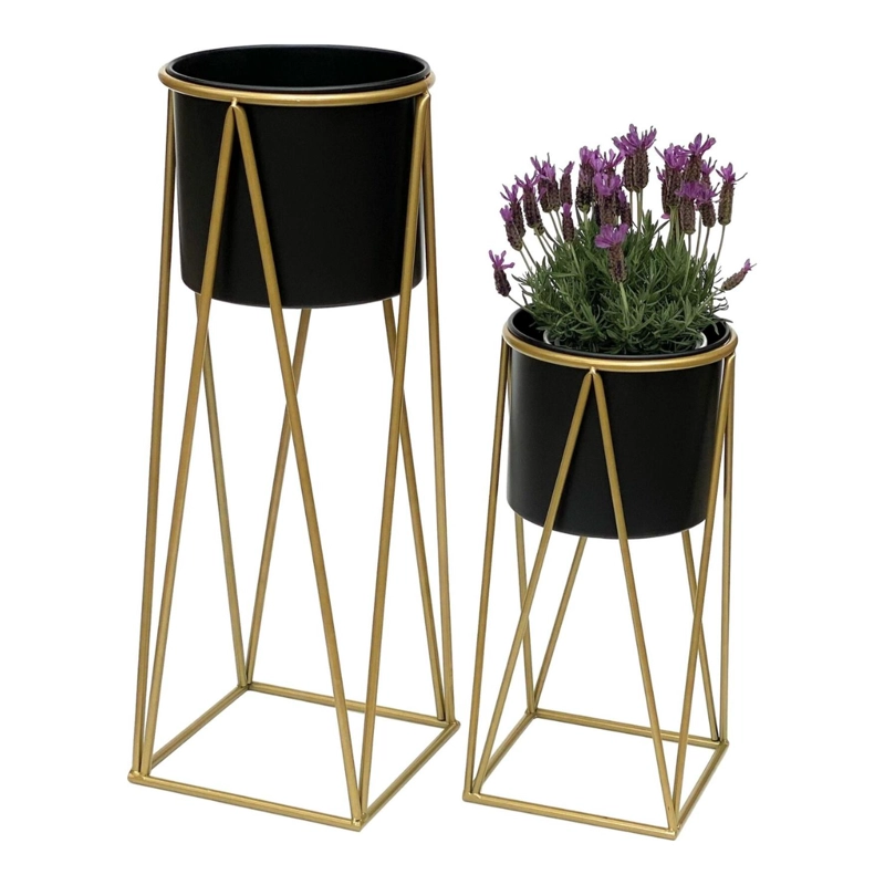 SET 2 PORTA MACETEROS PEDESTAL MACETA PLANTAS NEGRO DORADOS - 1