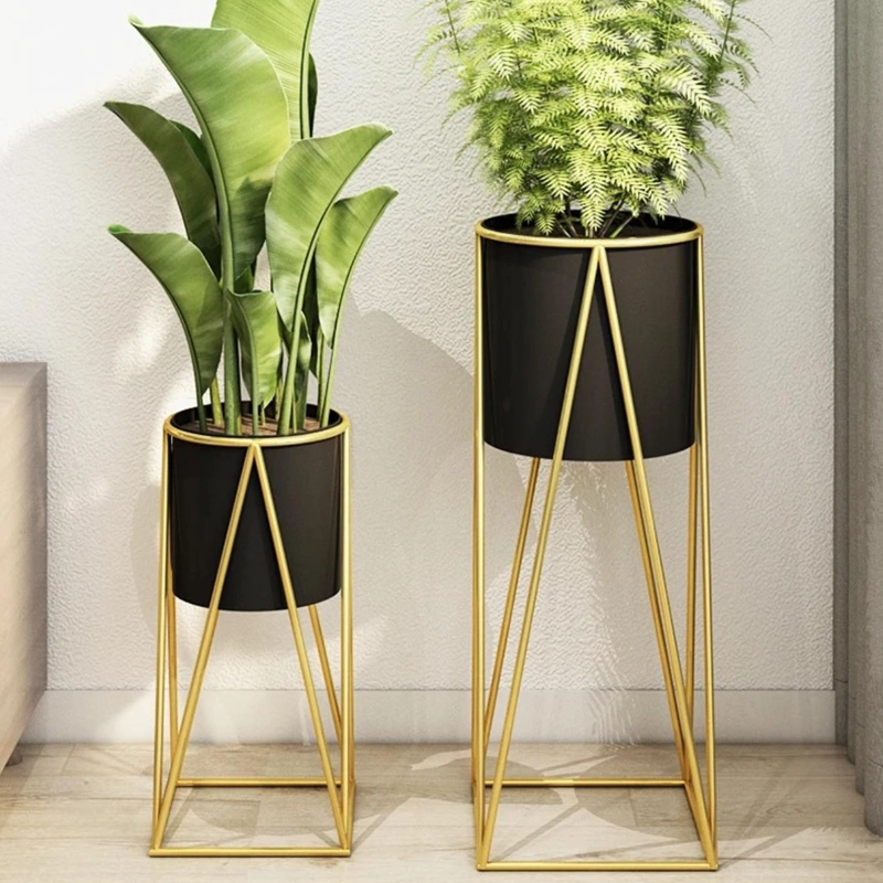 SET 2 PORTA MACETEROS PEDESTAL MACETA PLANTAS NEGRO DORADOS - 2