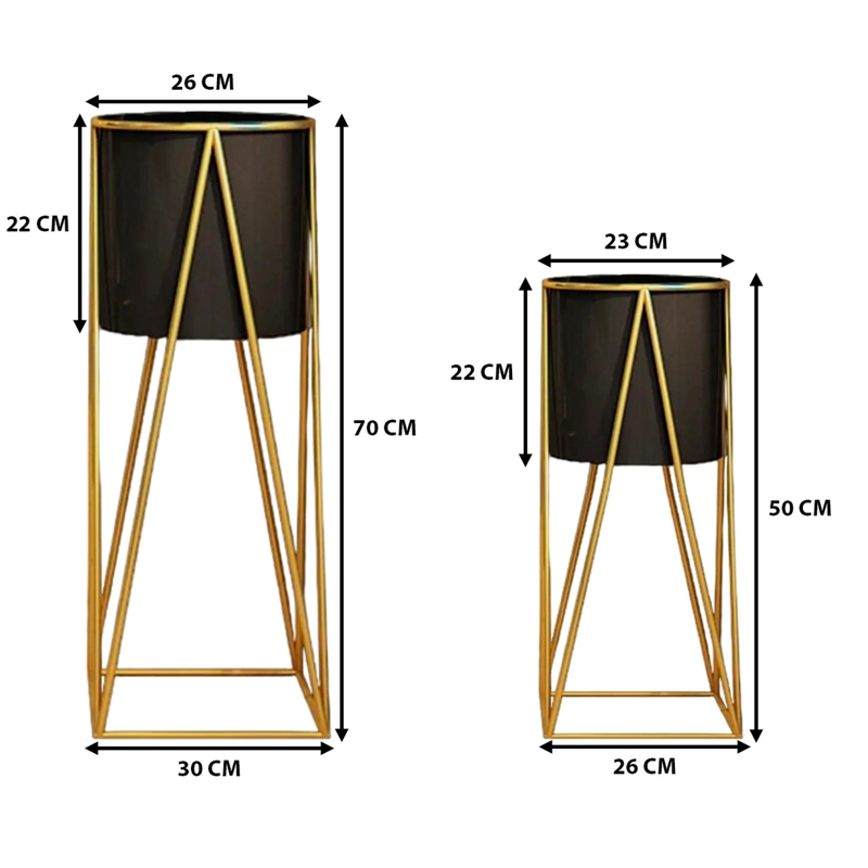 SET 2 PORTA MACETEROS PEDESTAL MACETA PLANTAS NEGRO DORADOS - 6