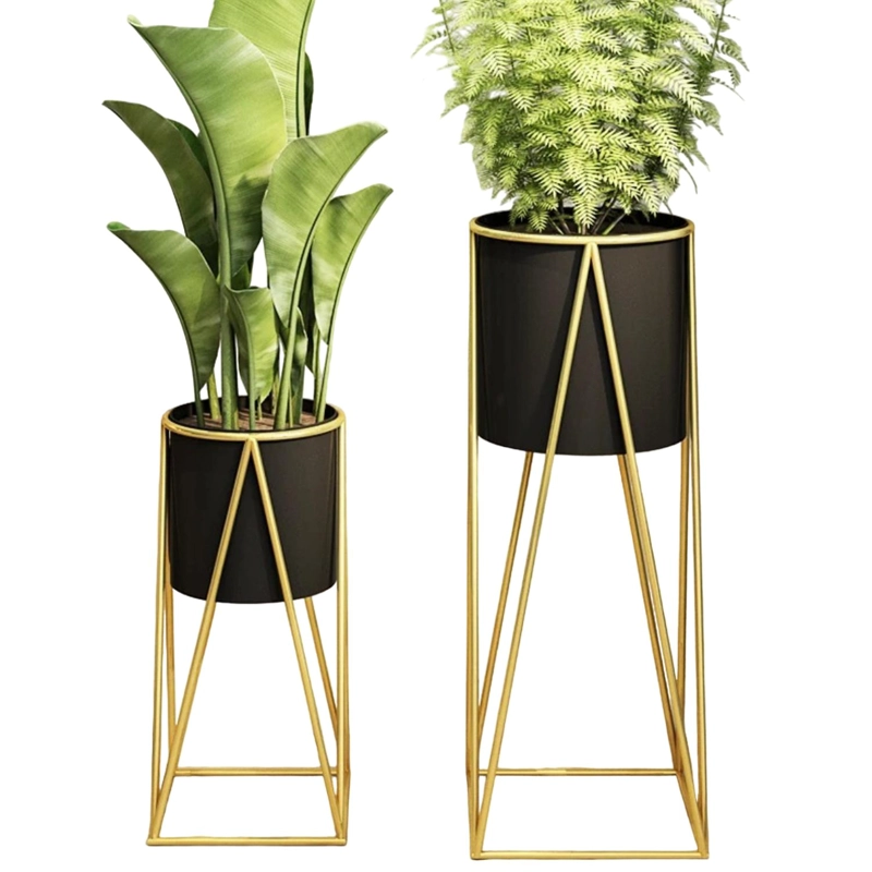 SET 2 PORTA MACETEROS PEDESTAL MACETA PLANTAS NEGRO DORADOS - 7