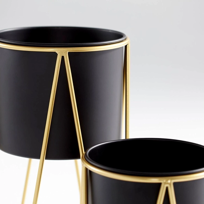 SET 2 PORTA MACETEROS PEDESTAL MACETA PLANTAS NEGRO DORADOS - 9