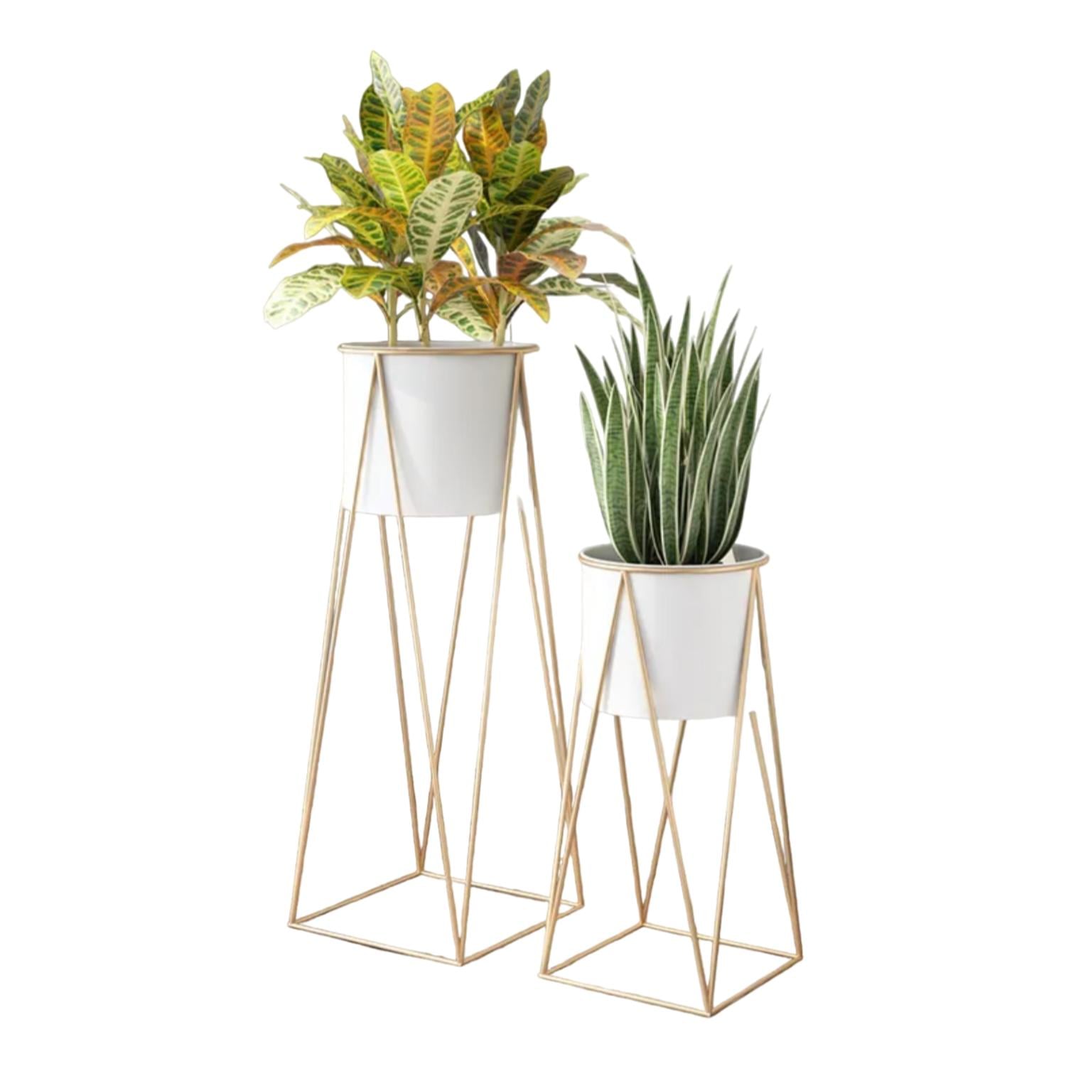 SET 2 PORTA MACETEROS PEDESTAL MACETA PLANTAS BLANCO DORADOS - 1