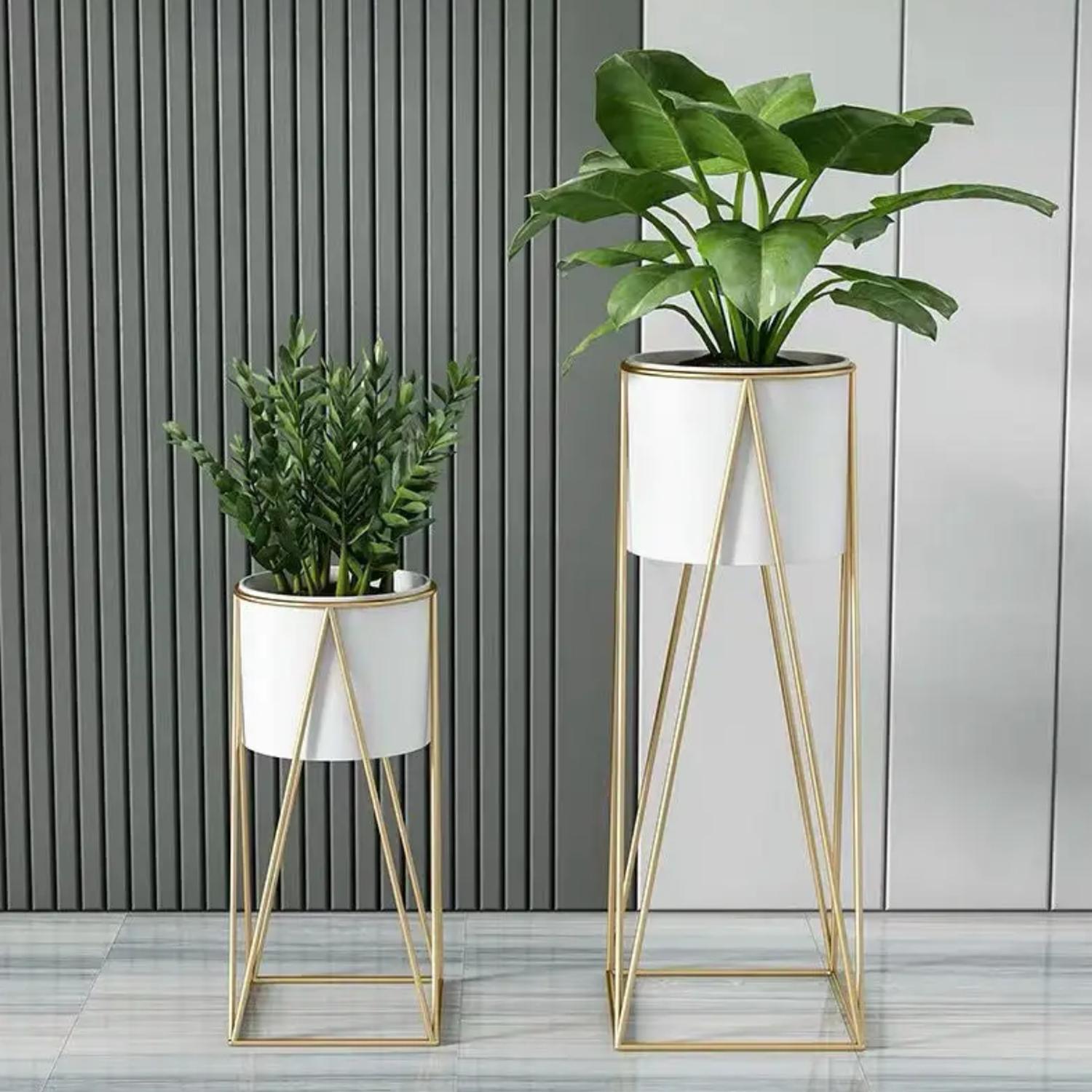 SET 2 PORTA MACETEROS PEDESTAL MACETA PLANTAS BLANCO DORADOS - 3