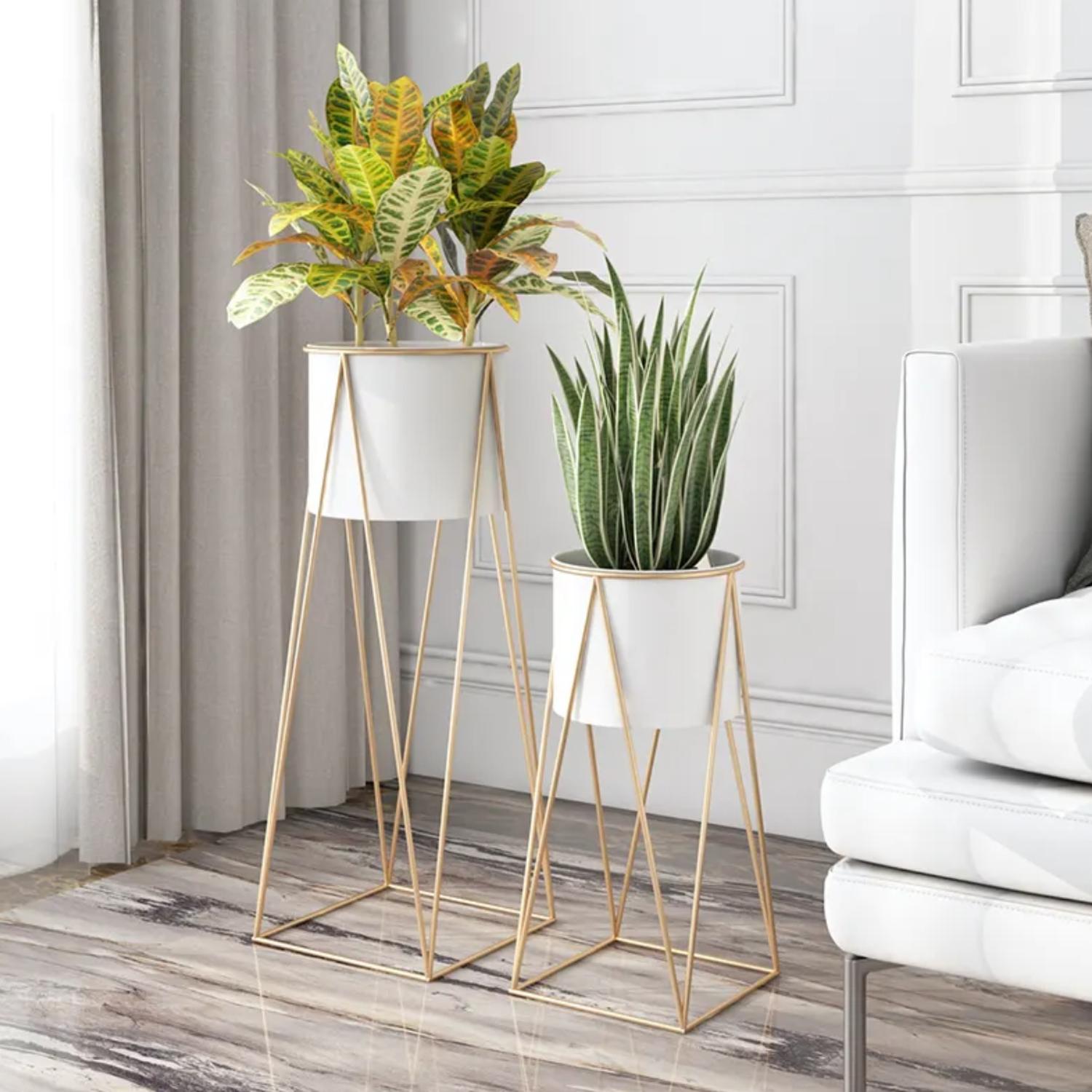 SET 2 PORTA MACETEROS PEDESTAL MACETA PLANTAS BLANCO DORADOS - 5