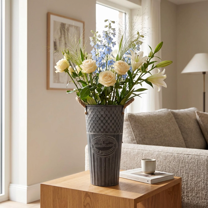 MACETERO METALICO DECORATIVO AZUL VINTAGE FLORERO S - 3