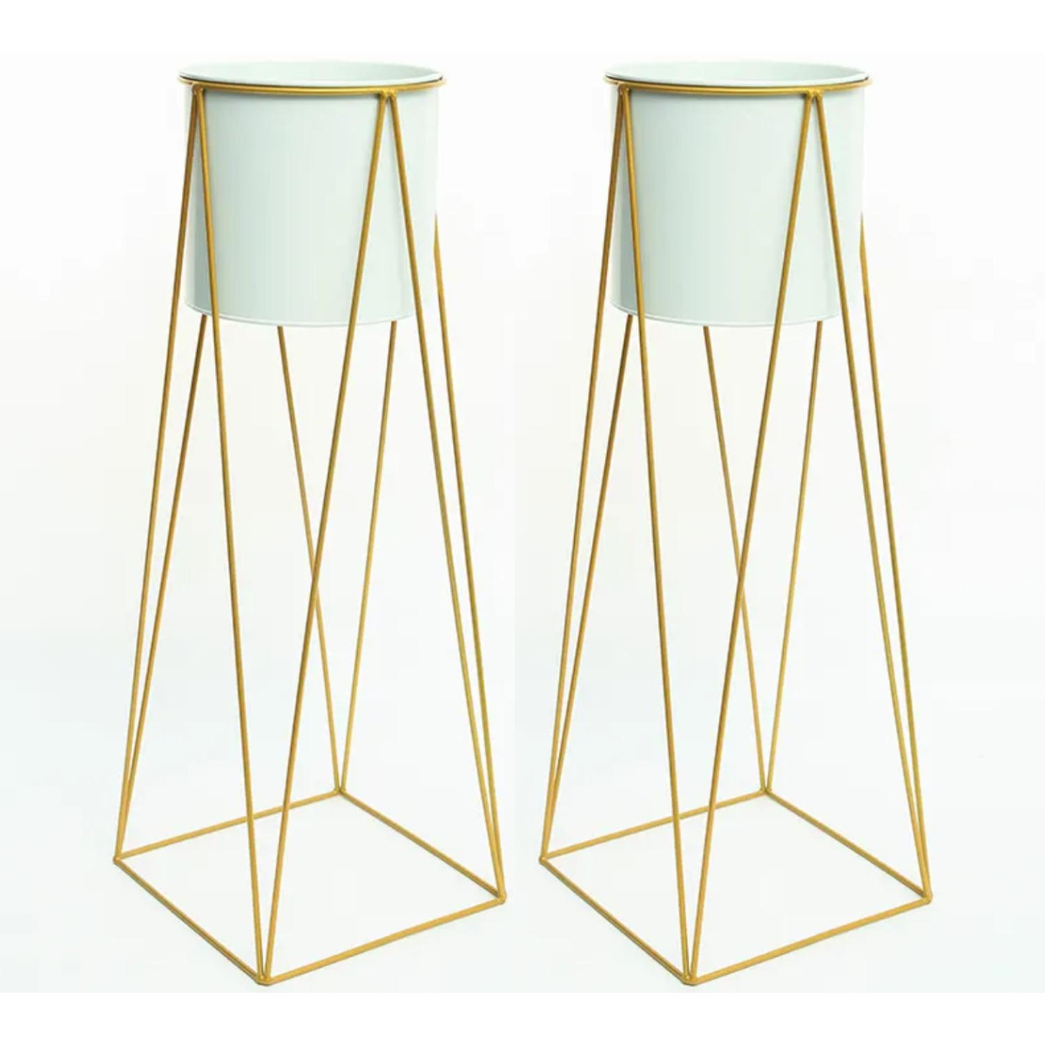 SET 2 PORTA MACETEROS PEDESTAL IGUAL TAMAÑO BLANCO DORADOS - 1