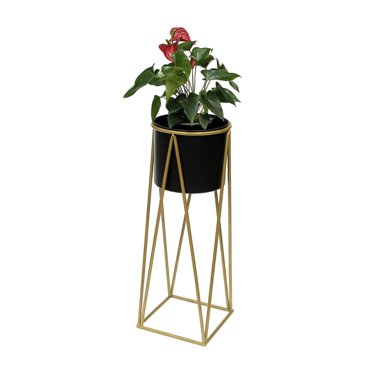 PORTA MACETERO PEDESTAL MACETA PLANTAS NEGRO DORADO MEDIANO - 1