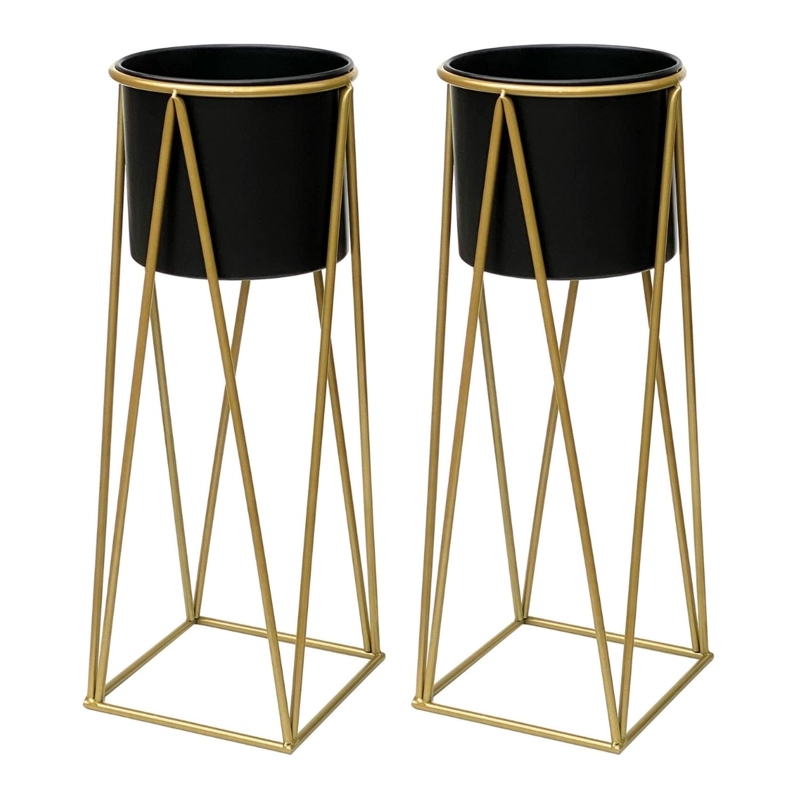 SET 2 PORTA MACETEROS PEDESTAL IGUAL TAMAÑO NEGRO DORADOS - 1