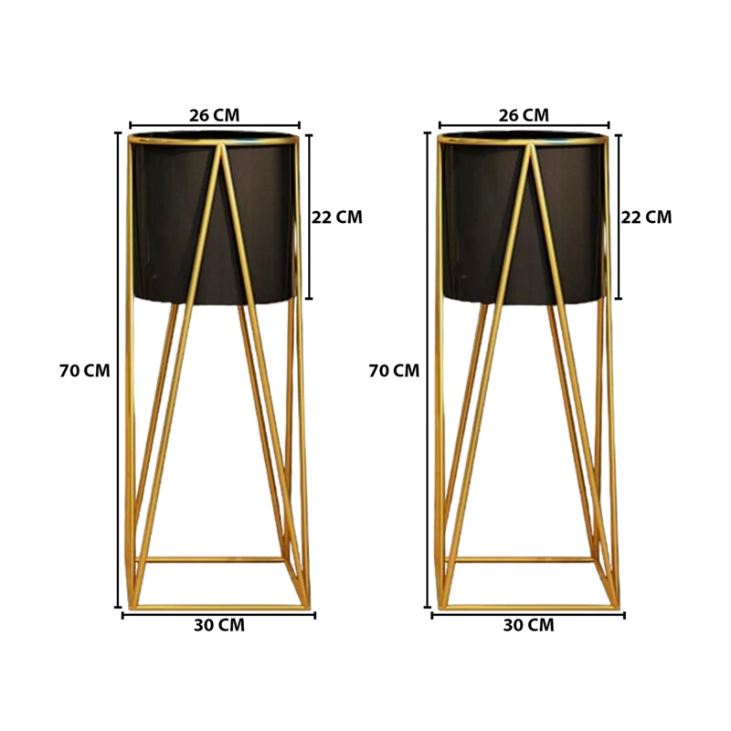 SET 2 PORTA MACETEROS PEDESTAL IGUAL TAMAÑO NEGRO DORADOS - 6