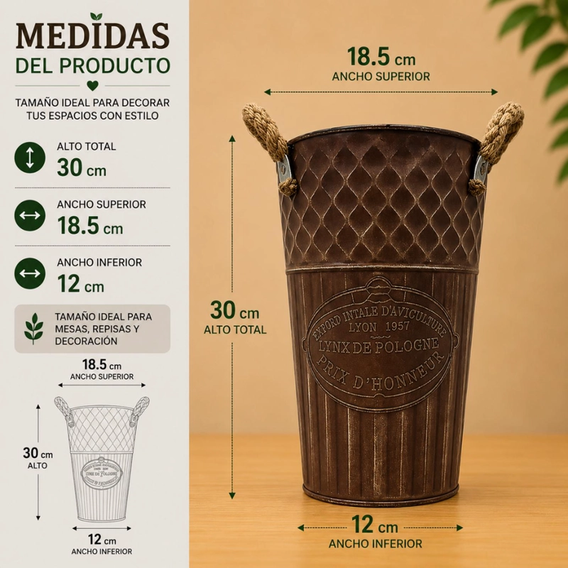 MACETERO METALICO DECORATIVO CAFE VINTAGE FLORERO S - 5