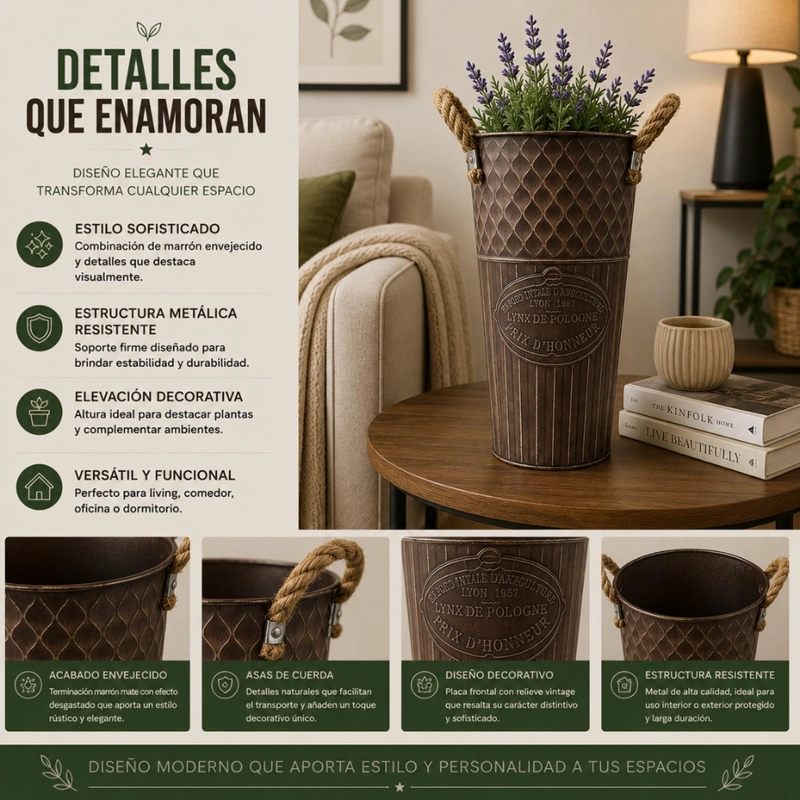 MACETERO METALICO DECORATIVO CAFE VINTAGE FLORERO S - 7