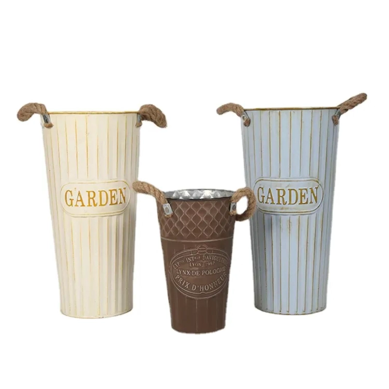 MACETERO METALICO DECORATIVO CAFE VINTAGE FLORERO S - 9