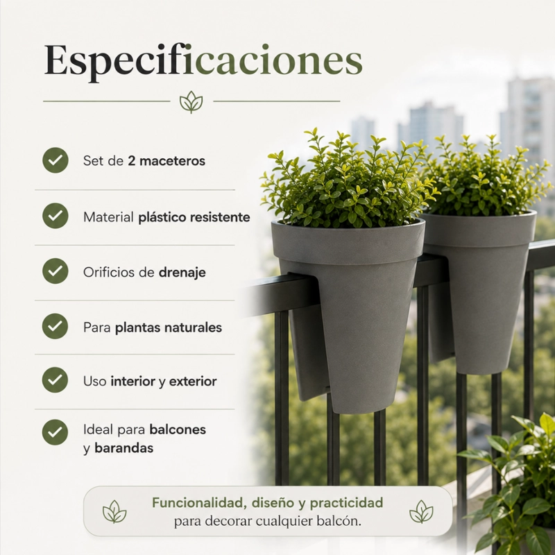 SET 2 MACETEROS COLGANTE PARA BALCON TERRAZA JARDIN PLASTICO - 6