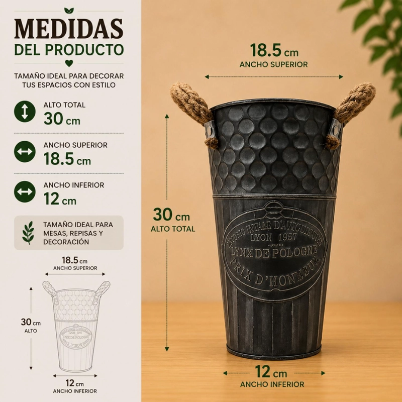 MACETERO METALICO DECORATIVO VERDE VINTAGE FLORERO S - 4