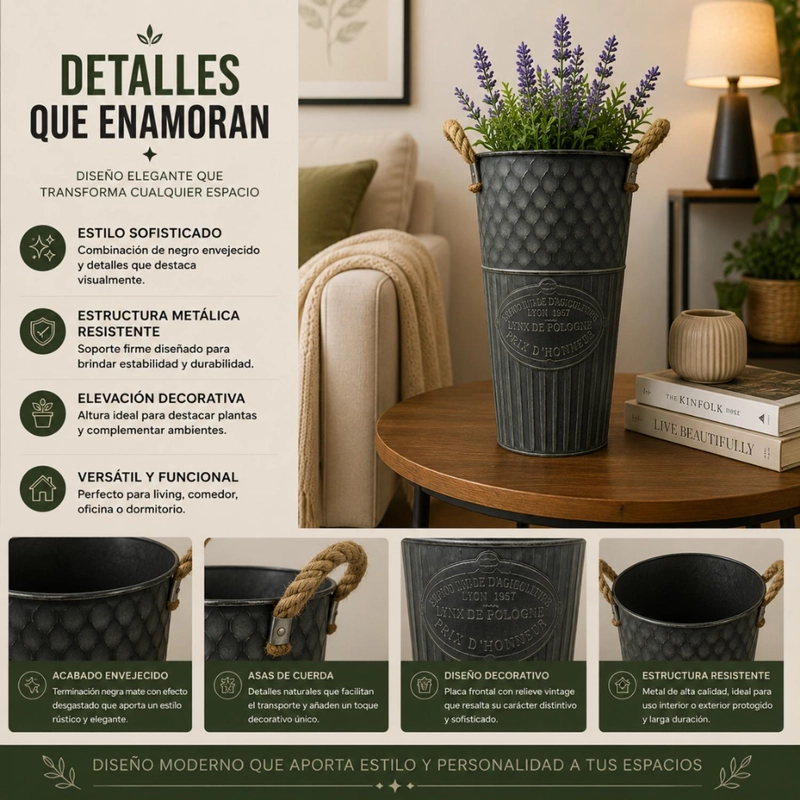 MACETERO METALICO DECORATIVO VERDE VINTAGE FLORERO S - 5