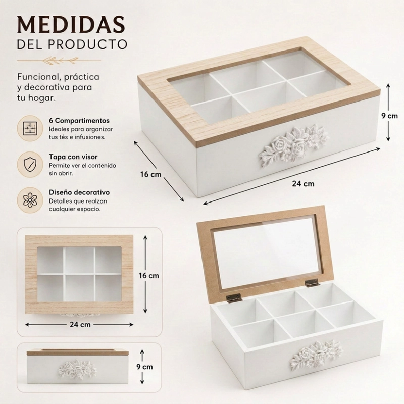 CAJA DE TE PORTA TE CAJA DE MADERA PARA EL TE 6 DIVISIONES - 6