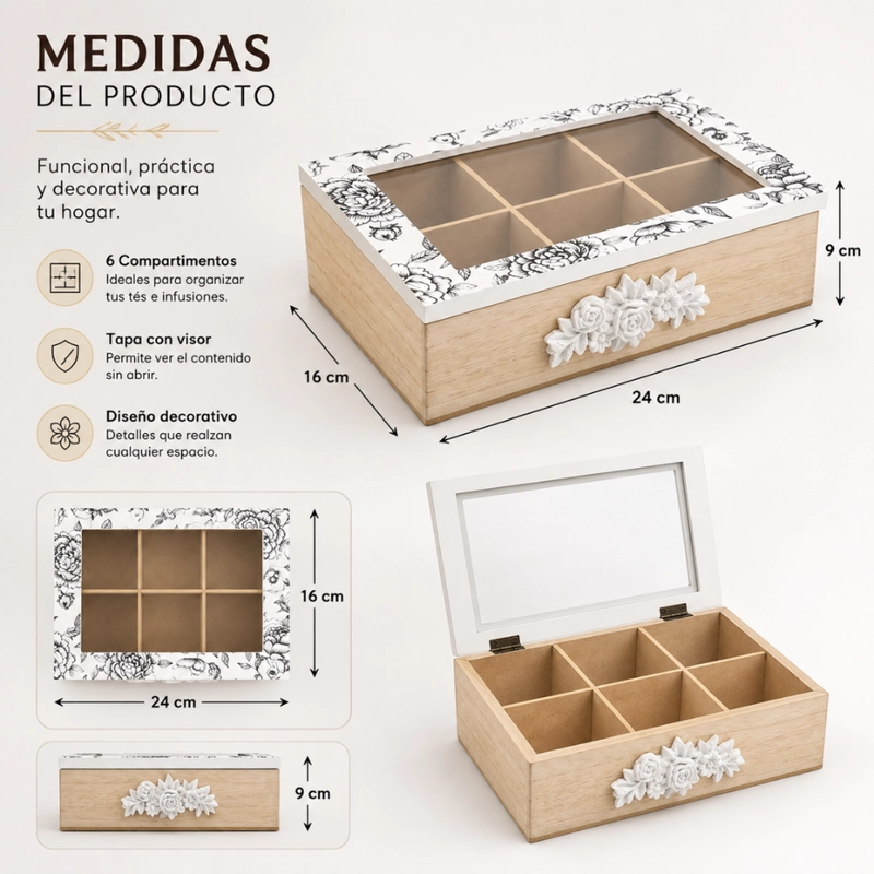 CAJA DE TE PORTA TE CAJA DE MADERA PARA EL TE 6 DIVISIONES - 6