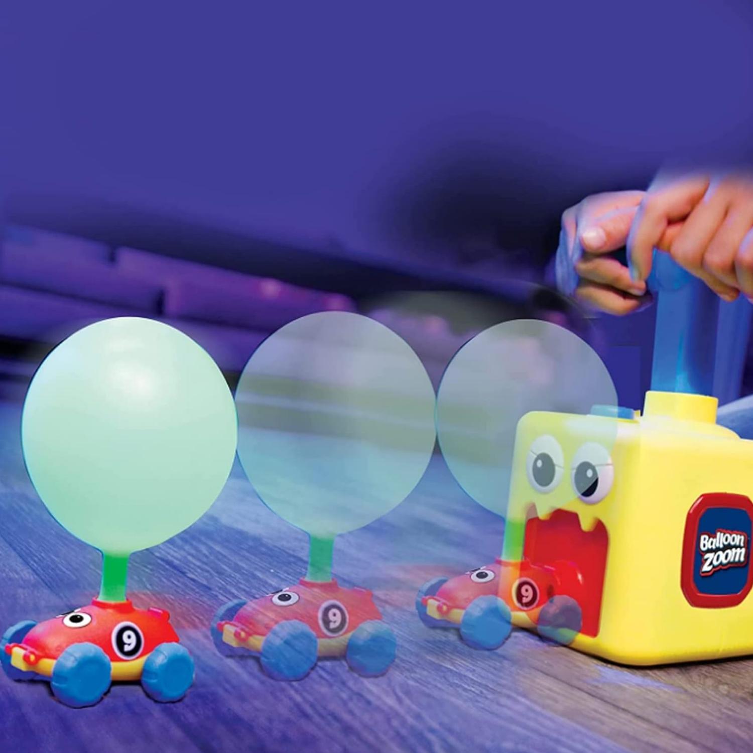 JUEGO INFLADOR DE GLOBOS PARA NIÑOS AUTOS CARRERAS CELESTE - 5