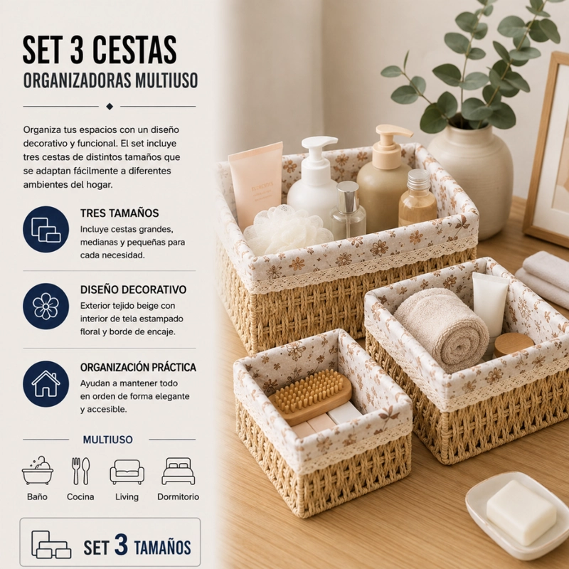 SET 3 CESTAS DE ALMACENAMIENTO ORGANIZADORAS CESTOS CANASTAS - 4