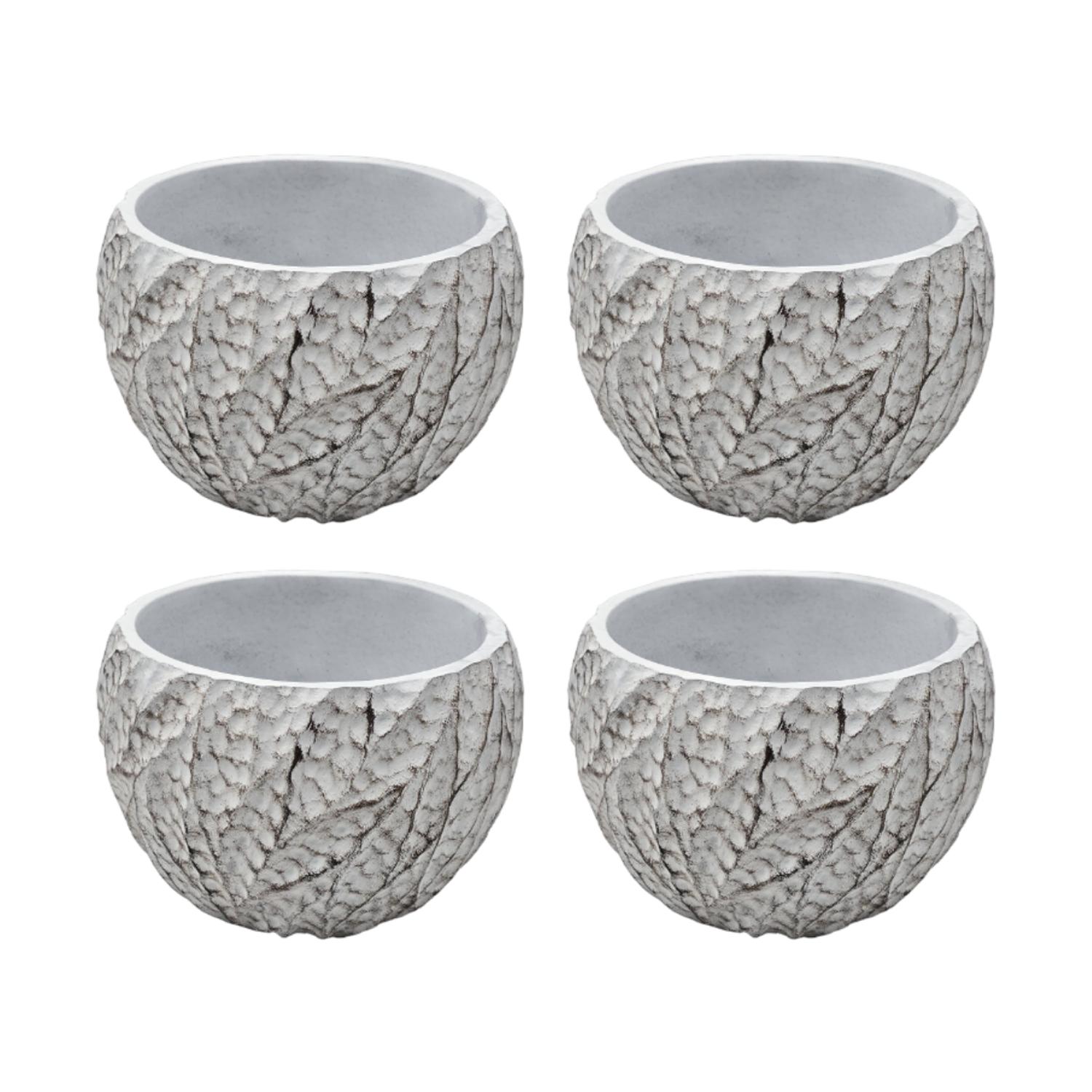 SET 4 MACETERO MACETA ACABADO CEMENTO RELIEVE HOJAS BLANCO S - 1