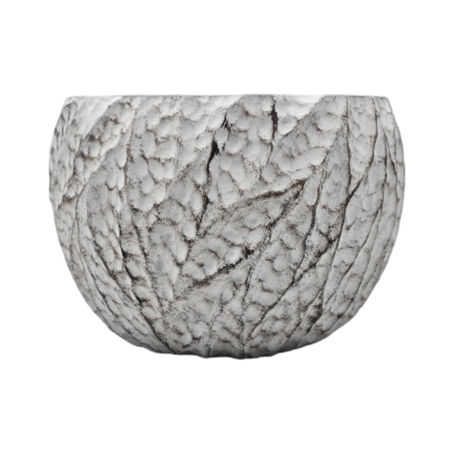 MACETERO MACETA ACABADO CEMENTO RELIEVE HOJAS BLANCO L - 3