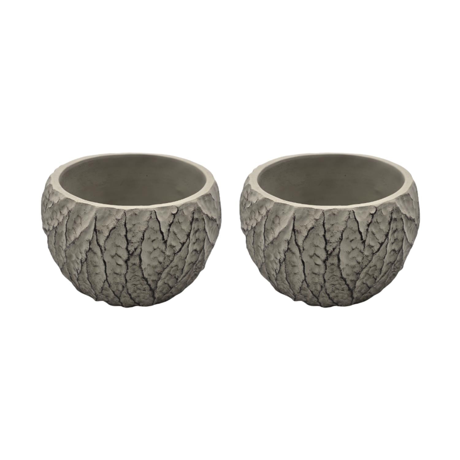 SET 2 MACETERO MACETA ACABADO CEMENTO RELIEVE HOJAS GRIS S - 1