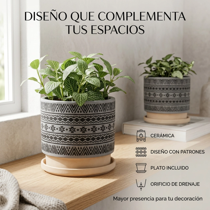 MACETERO MACETA DE CERAMICA GRIS CON PATRONES NEGROS L - 3