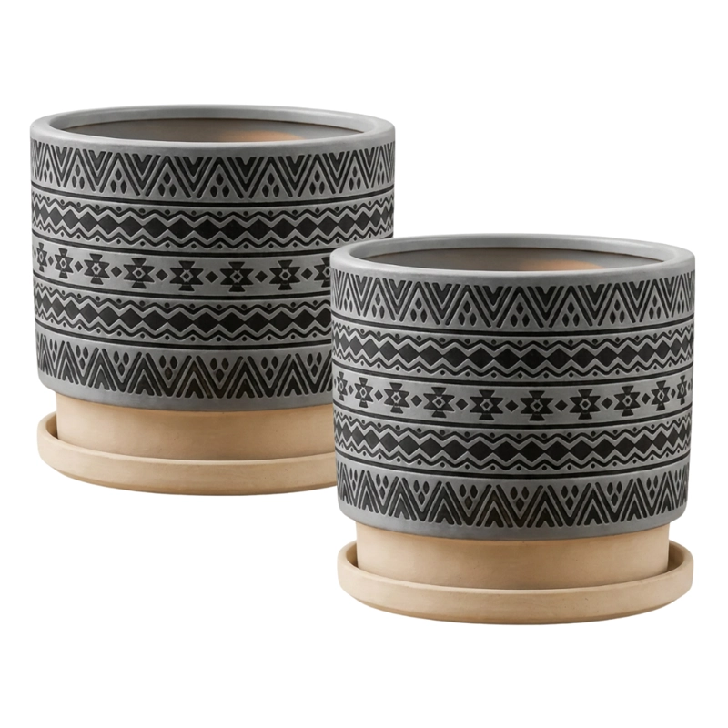 MACETERO MACETA DE CERAMICA GRIS CON PATRONES NEGROS L - 8
