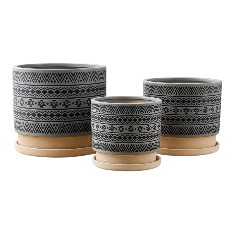 SET 3 MACETEROS MACETA DE CERAMICA GRIS CON PATRONES NEGROS - 1