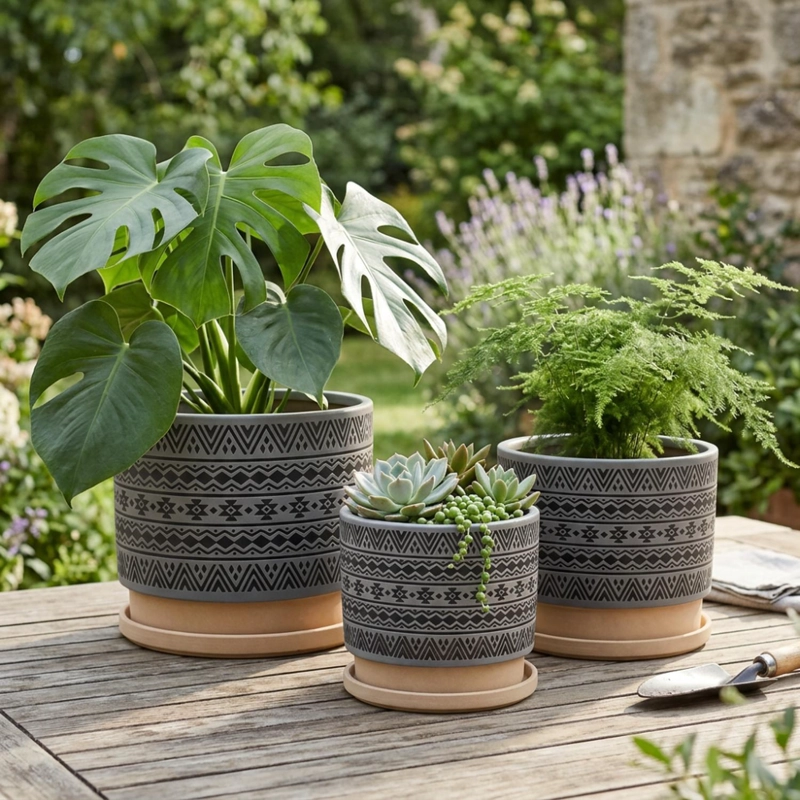 SET 3 MACETEROS MACETA DE CERAMICA GRIS CON PATRONES NEGROS - 2