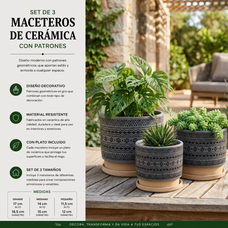 SET 3 MACETEROS MACETA DE CERAMICA GRIS CON PATRONES NEGROS - 4