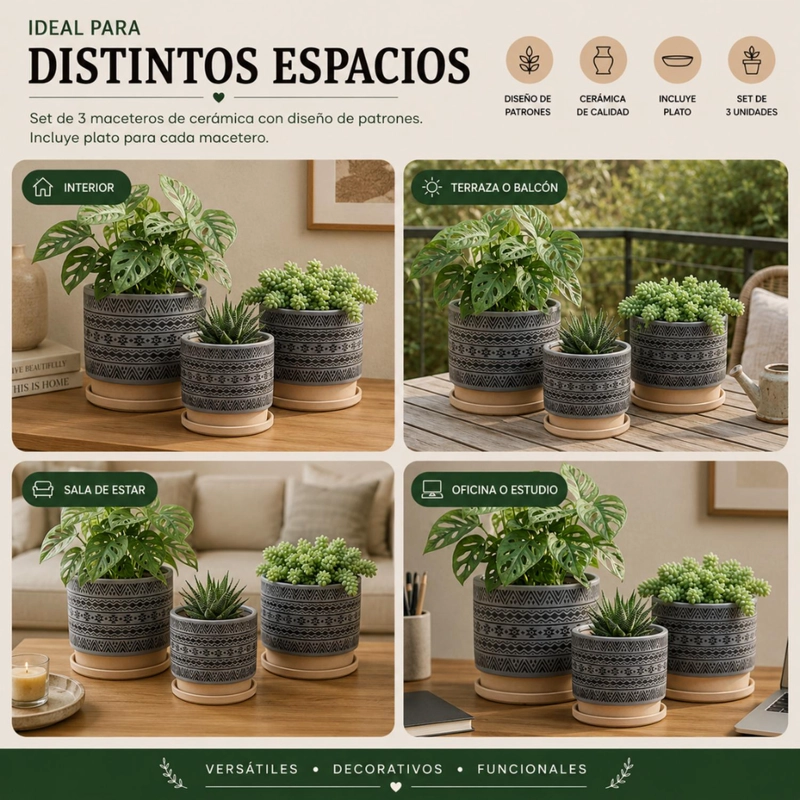 SET 3 MACETEROS MACETA DE CERAMICA GRIS CON PATRONES NEGROS - 6