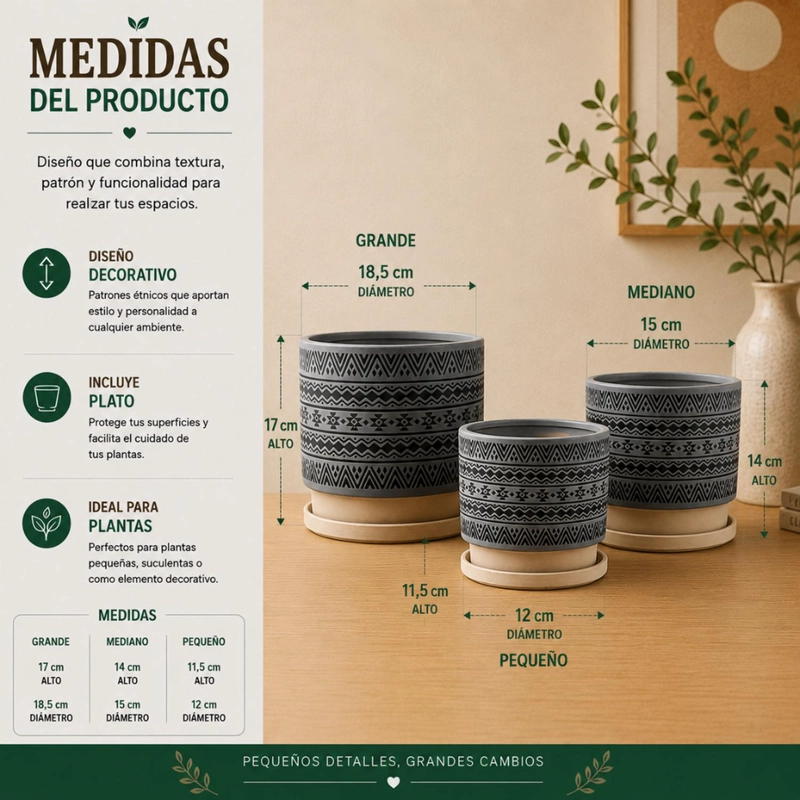 SET 3 MACETEROS MACETA DE CERAMICA GRIS CON PATRONES NEGROS - 7