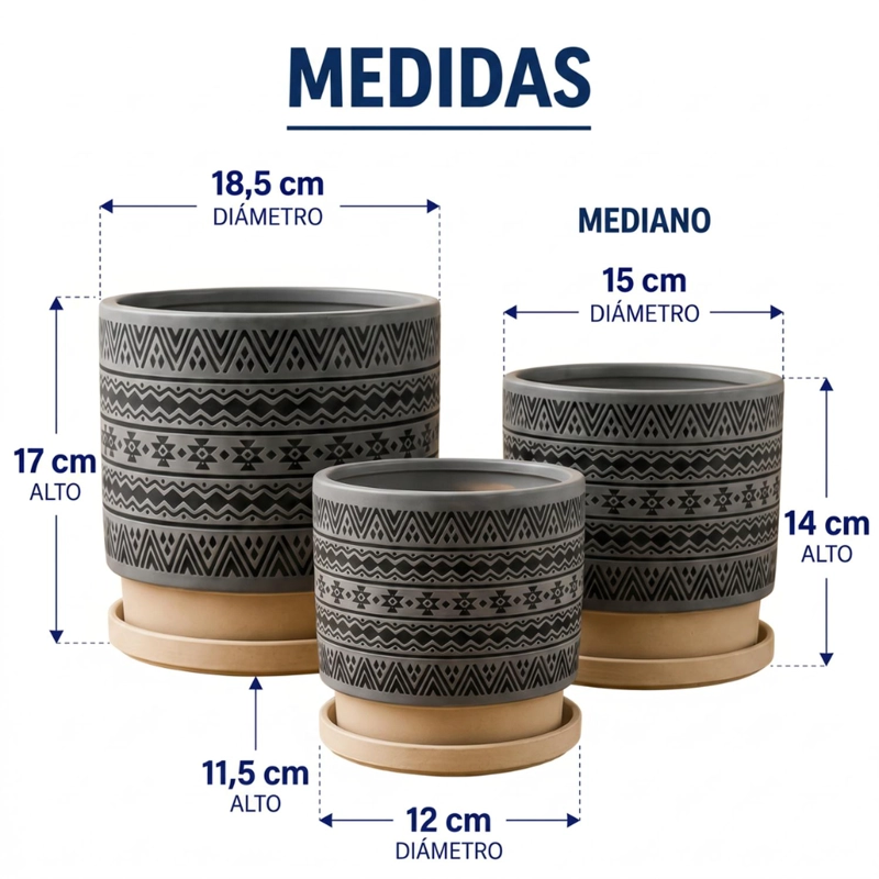 SET 3 MACETEROS MACETA DE CERAMICA GRIS CON PATRONES NEGROS - 9