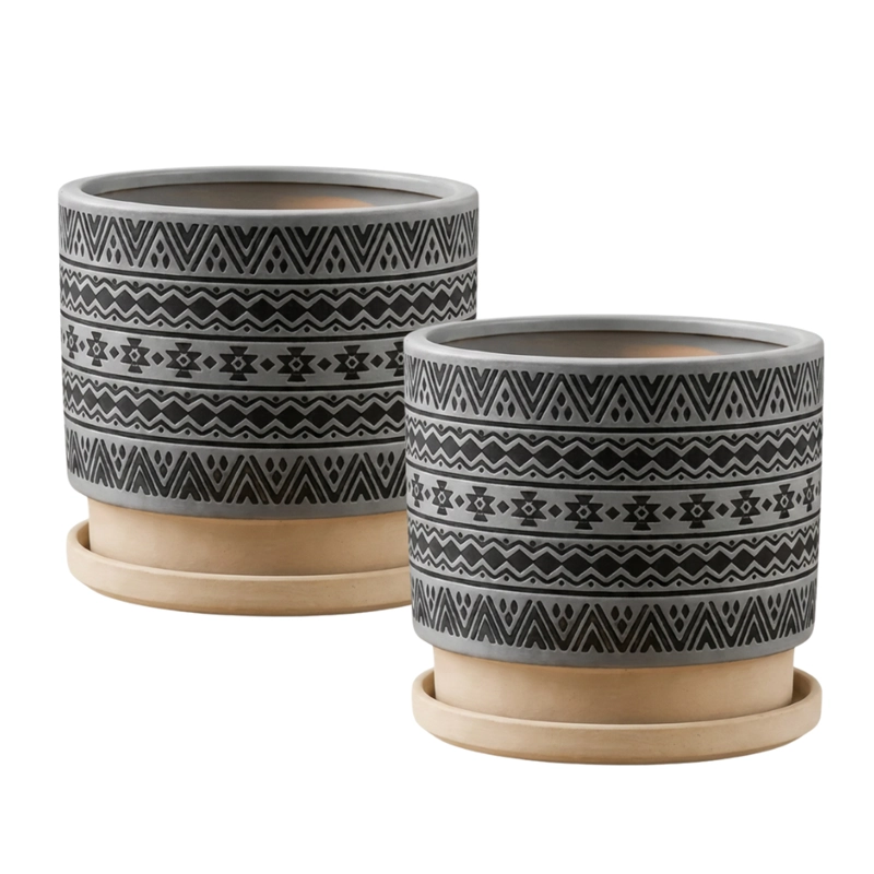 MACETERO MACETA DE CERAMICA GRIS CON PATRONES NEGROS M - 1