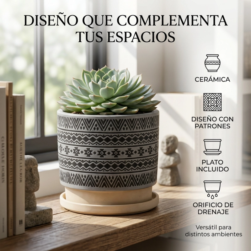 MACETERO MACETA DE CERAMICA GRIS CON PATRONES NEGROS M - 3