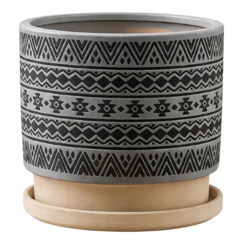 MACETERO MACETA DE CERAMICA GRIS CON PATRONES NEGROS M - 6