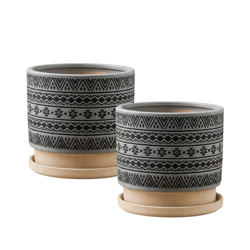 MACETERO MACETA DE CERAMICA GRIS CON PATRONES NEGROS S - 1