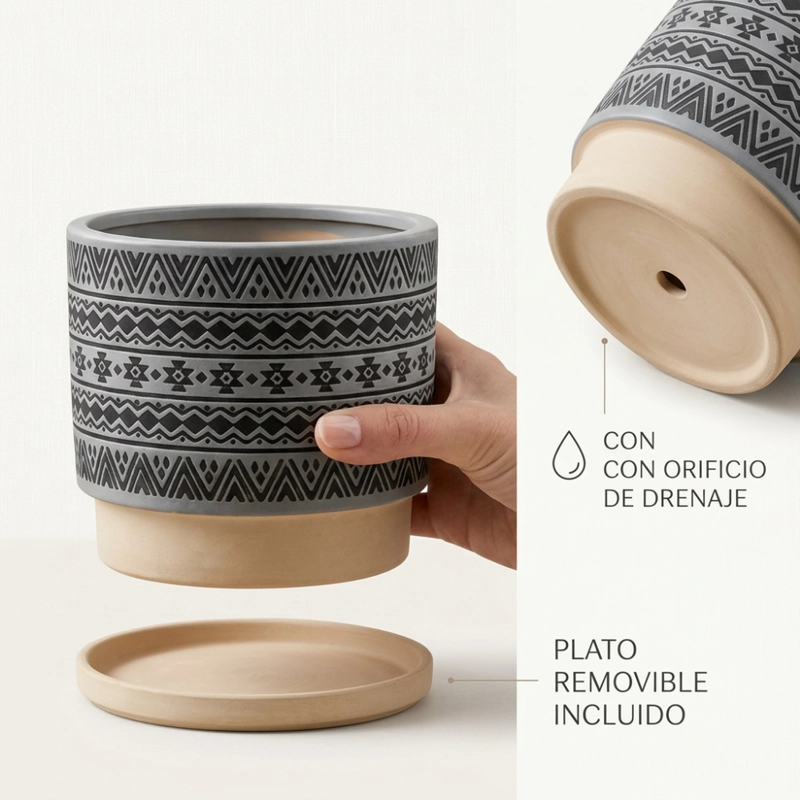MACETERO MACETA DE CERAMICA GRIS CON PATRONES NEGROS S - 4